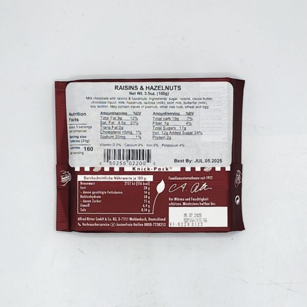 Rittersport 3.5oz Milk Chocolate With Rasins and Hazelnuts - Image 2