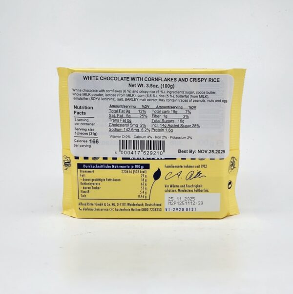 RitterSport 3.5oz WEISSE CRISP WHITE CHOCOLATE WITH CORNFLAKES AND CRISPY RICE - Image 2