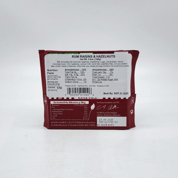 Rittersport 3.5oz RUM RAISINS AND HAZELNUTS - Image 2