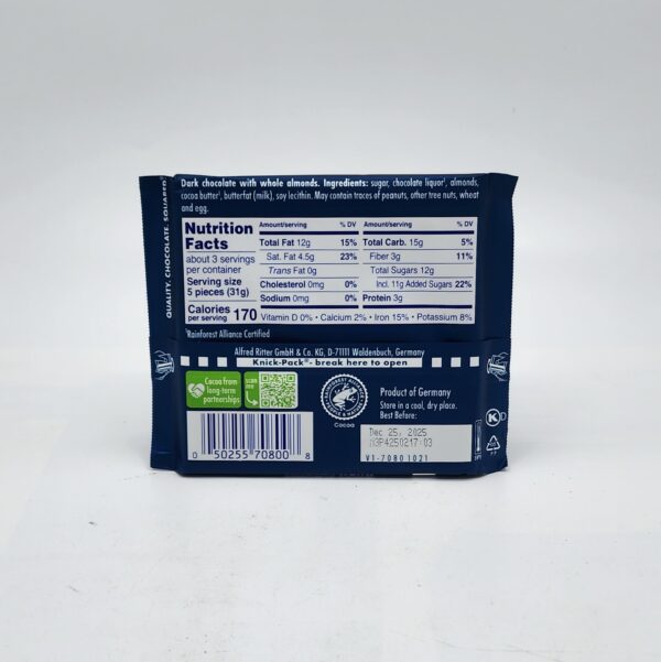 RITTERSPORT 3.5oz DARK CHOCOLATE WITH WHOLE ALMONDS - Image 2
